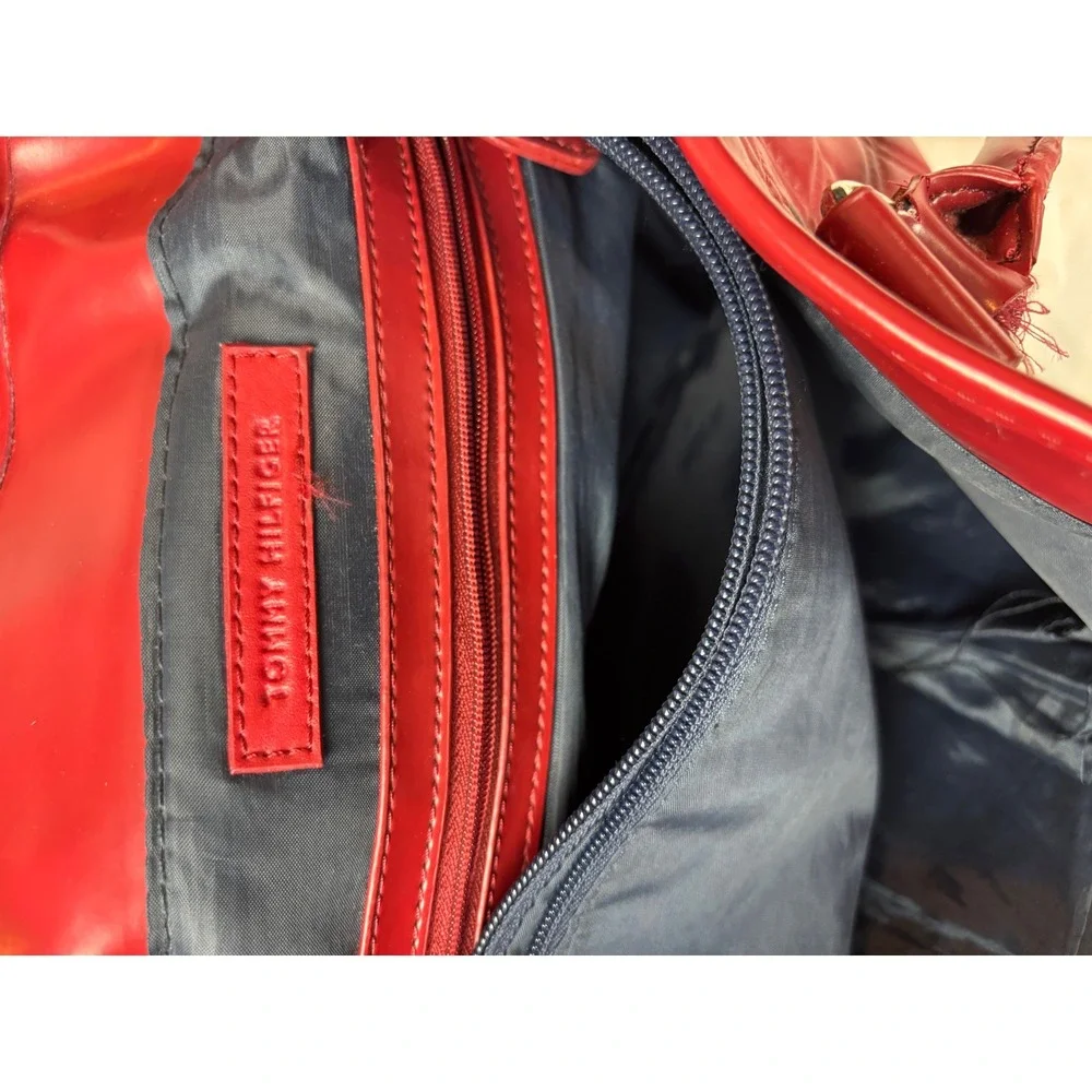 Tommy Hilfiger Red Quilted Faux Leather Shoulder Bag Tote Silver Tone Hardware